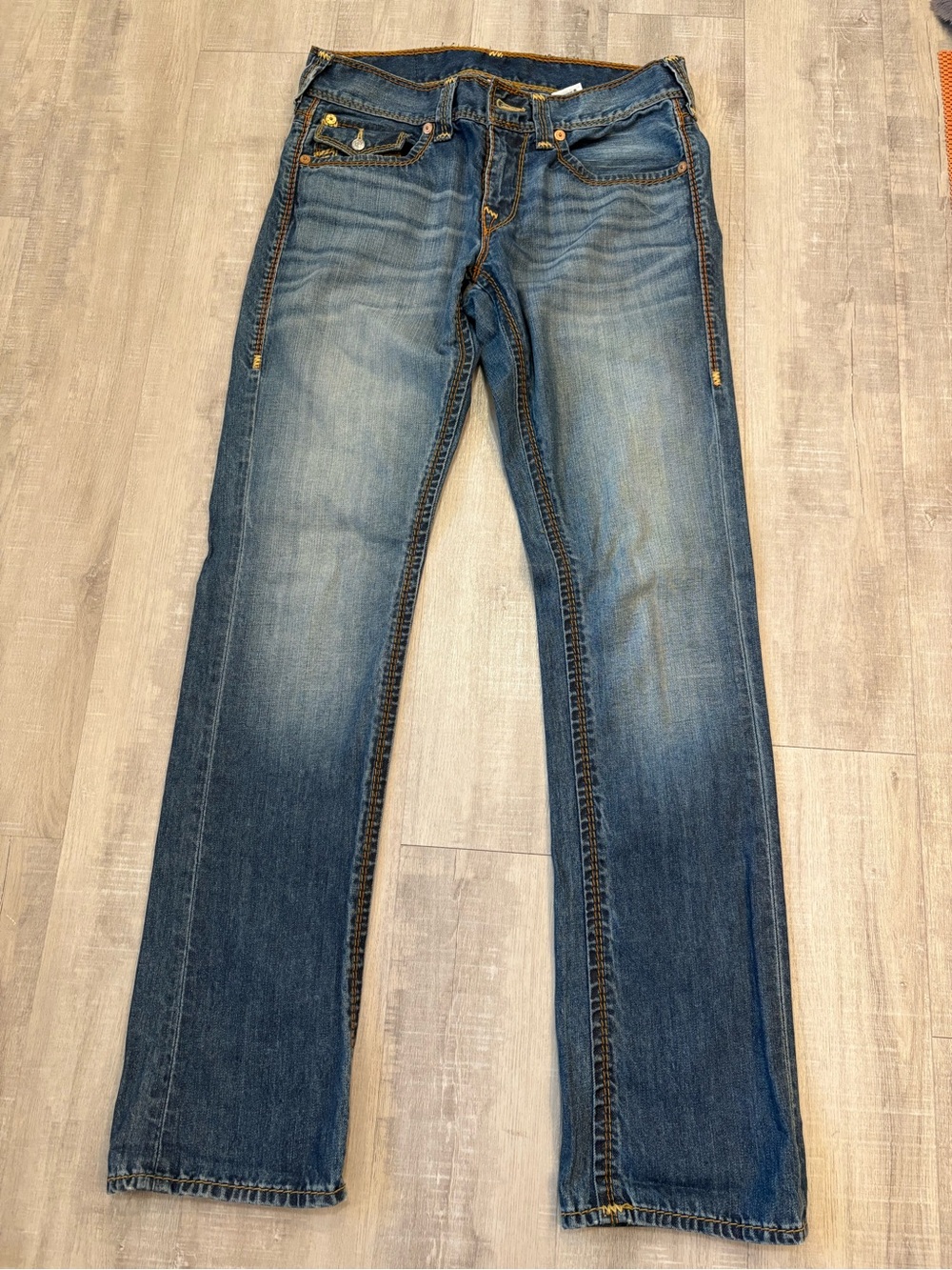 True Religion Blue Denim Jeans with Yellow Stitching